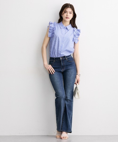 slattgir(スラットジール)の「高身長 ストライプ柄ショルダーフリルシャツ(トールサイズ)(シャツ/ブラウス・レディース・ネイビー/サックスブルー・TM/TL/TLL/T3L/T4L/T5L)」の10枚目の写真