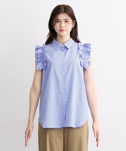 slattgir(スラットジール)の「高身長 ストライプ柄ショルダーフリルシャツ(トールサイズ)(シャツ/ブラウス・レディース・ネイビー/サックスブルー・TM/TL/TLL/T3L/T4L/T5L)」の17枚目の写真