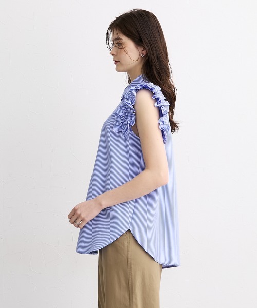 slattgir(スラットジール)の「高身長 ストライプ柄ショルダーフリルシャツ(トールサイズ)(シャツ/ブラウス・レディース・ネイビー/サックスブルー・TM/TL/TLL/T3L/T4L/T5L)」の18枚目の写真
