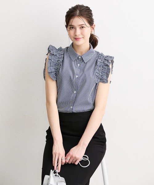 slattgir(スラットジール)の「高身長 ストライプ柄ショルダーフリルシャツ(トールサイズ)(シャツ/ブラウス・レディース・ネイビー/サックスブルー・TM/TL/TLL/T3L/T4L/T5L)」の20枚目の写真