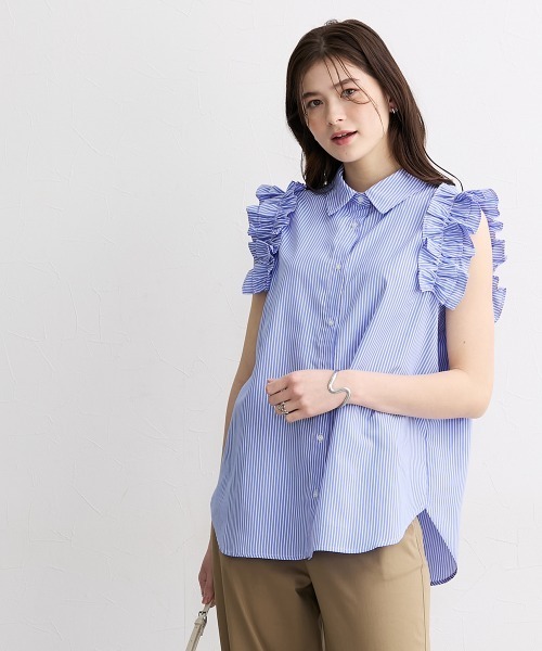 slattgir(スラットジール)の「高身長 ストライプ柄ショルダーフリルシャツ(トールサイズ)(シャツ/ブラウス・レディース・ネイビー/サックスブルー・TM/TL/TLL/T3L/T4L/T5L)」の12枚目の写真