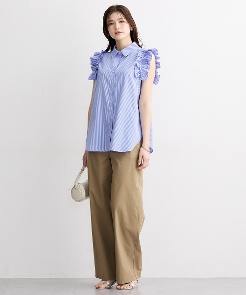 slattgir(スラットジール)の「高身長 ストライプ柄ショルダーフリルシャツ(トールサイズ)(シャツ/ブラウス・レディース・ネイビー/サックスブルー・TM/TL/TLL/T3L/T4L/T5L)」の13枚目の写真