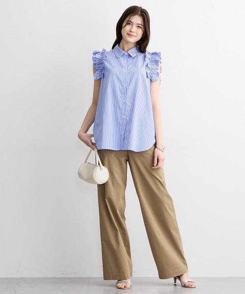 slattgir(スラットジール)の「高身長 ストライプ柄ショルダーフリルシャツ(トールサイズ)(シャツ/ブラウス・レディース・ネイビー/サックスブルー・TM/TL/TLL/T3L/T4L/T5L)」の14枚目の写真