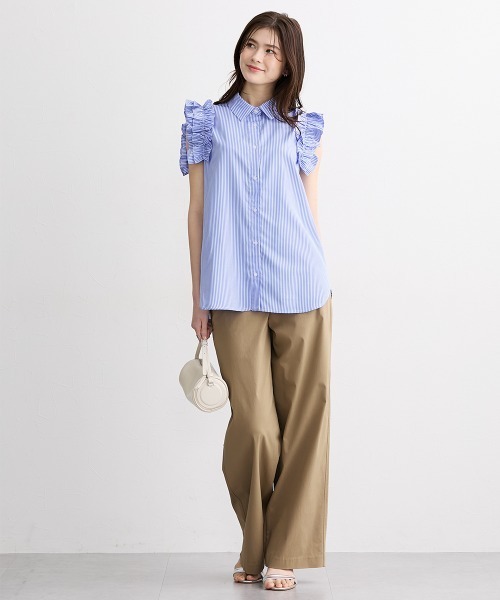slattgir(スラットジール)の「高身長 ストライプ柄ショルダーフリルシャツ(トールサイズ)(シャツ/ブラウス・レディース・ネイビー/サックスブルー・TM/TL/TLL/T3L/T4L/T5L)」の15枚目の写真