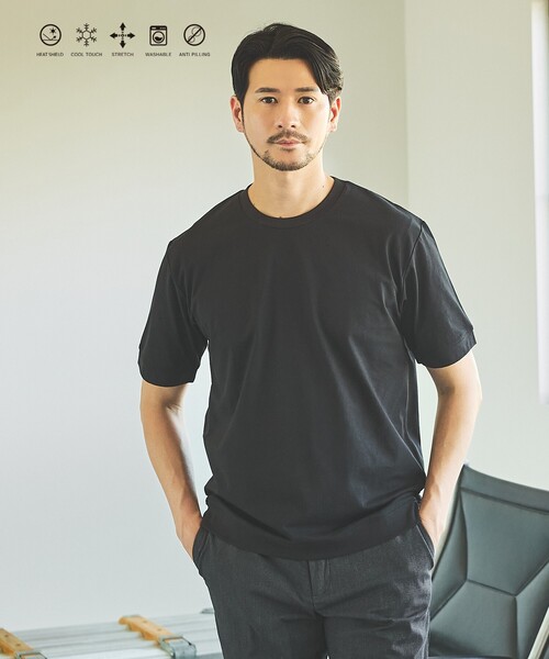 ABAHOUSE GRAY(アバハウスグレイ)の「【SMART CLOSET】シルケット天竺 ワイドリブ Tシャツ / 接触冷感 / 遮熱(Tシャツ/カットソー・メンズ・ネイビー/ブラック/ホワイト/グレイッシュベージュ/グリーン・46/48/44/50)」の2枚目の写真