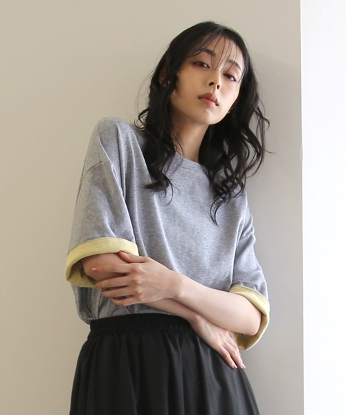 No one knows(ノーワンノーズ)の「ZOZO限定 半袖 バイカラー配色 袖ロールアップ プルオーバー(Tシャツ/カットソー・レディース・杢グレー/チャコール・FREE)」の1枚目の写真