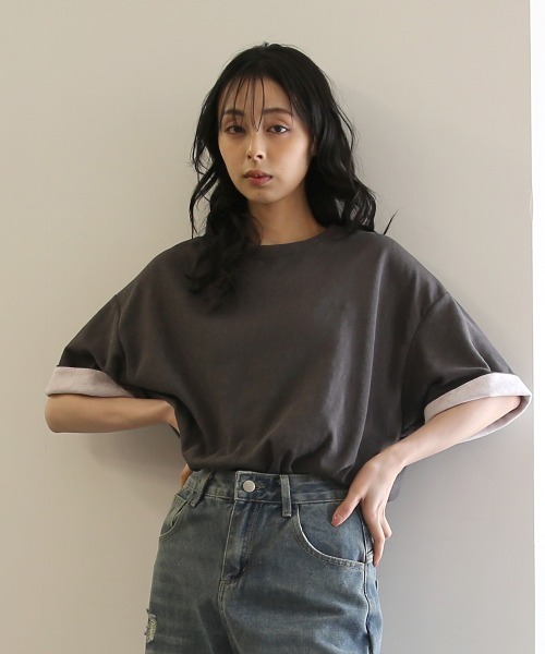 No one knows(ノーワンノーズ)の「ZOZO限定 半袖 バイカラー配色 袖ロールアップ プルオーバー(Tシャツ/カットソー・レディース・杢グレー/チャコール・FREE)」の2枚目の写真