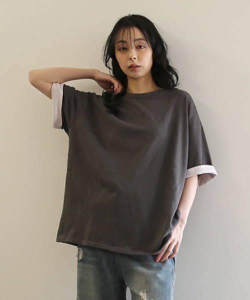 No one knows(ノーワンノーズ)の「ZOZO限定 半袖 バイカラー配色 袖ロールアップ プルオーバー(Tシャツ/カットソー・レディース・杢グレー/チャコール・FREE)」の12枚目の写真