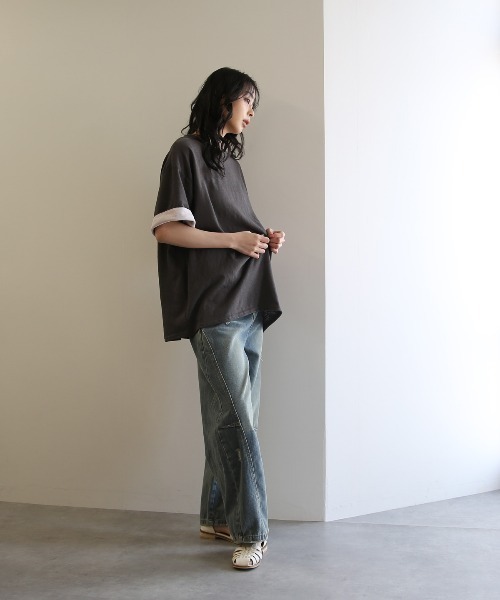 No one knows(ノーワンノーズ)の「ZOZO限定 半袖 バイカラー配色 袖ロールアップ プルオーバー(Tシャツ/カットソー・レディース・杢グレー/チャコール・FREE)」の13枚目の写真