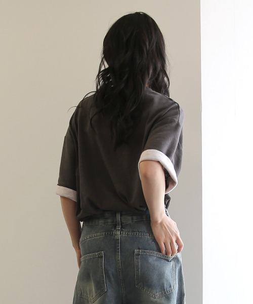 No one knows(ノーワンノーズ)の「ZOZO限定 半袖 バイカラー配色 袖ロールアップ プルオーバー(Tシャツ/カットソー・レディース・杢グレー/チャコール・FREE)」の15枚目の写真