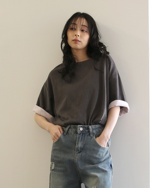 No one knows(ノーワンノーズ)の「ZOZO限定 半袖 バイカラー配色 袖ロールアップ プルオーバー(Tシャツ/カットソー・レディース・杢グレー/チャコール・FREE)」の18枚目の写真