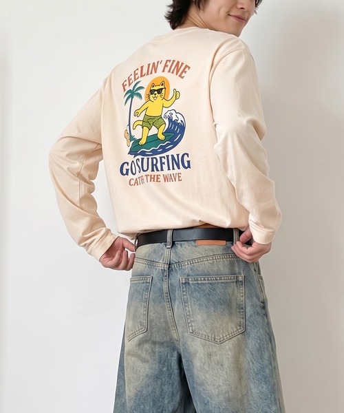 HOOK(フック)の「HOOK -original- FEELIN’ FINE サーフキャットバックプリント ロンT(Tシャツ/カットソー・メンズ・ベージュ/グレー・L/M/XL)」の1枚目の写真