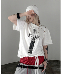 W.クロスダメージスラブTシャツホワイト