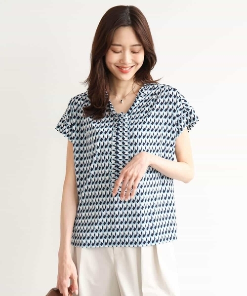 MK MICHEL KLEIN（エムケーミッシェルクラン）の「[洗える]タイデザイン幾何柄ジャージーカットソー（Tシャツ/カットソー・レディース・ブルーグリーン/ネイビー・38）」の3枚目の写真