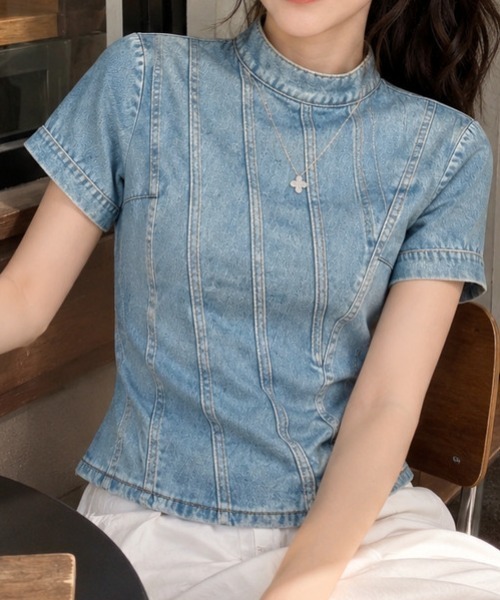 AMAJI（アマジ）の「デニム 半袖トップス（Tシャツ/カットソー・レディース・ブルー・MEDIUM/LARGE/X-LARGE）」の4枚目の写真