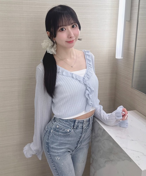 INGNI(イング)の「ショートフリルシアーニットカーディガン(ニット/セーター・レディース・ブラック/オフホワイト/サックスブルー/ピンク・M)」の3枚目の写真