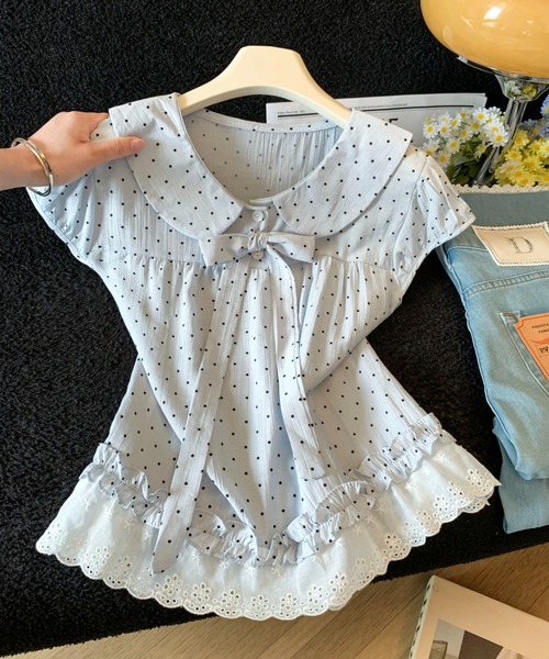 LUCPY（ラクピー）の「ドット柄リボンカラーペプラムブラウス（シャツ/ブラウス・レディース・グレー/ホワイト・LARGE/MEDIUM/SMALL）」の2枚目の写真