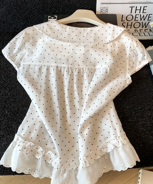 LUCPY（ラクピー）の「ドット柄リボンカラーペプラムブラウス（シャツ/ブラウス・レディース・グレー/ホワイト・LARGE/MEDIUM/SMALL）」の5枚目の写真