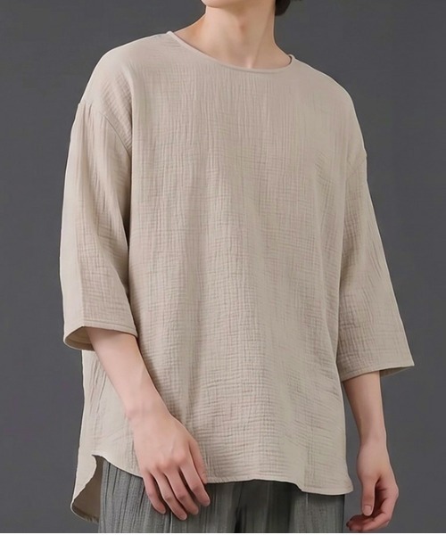 revertical(リバーティカル)の「リネンタッチ 半端袖 ビッグシルエット リラックスカットソー(Tシャツ/カットソー・メンズ・ベージュ・LARGE/MEDIUM)」の5枚目の写真