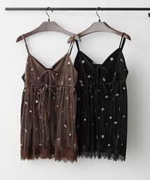 ベロア花刺繍裾レースキャミ