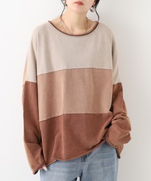 カラーブロックデザイン クルーネック長袖Tシャツ