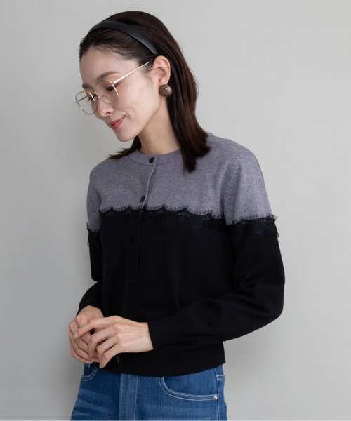 lodie(ロディ)の「バイカラー レーストリム ニットカーデ(カーディガン/ボレロ・レディース・ホワイト×ブラック/ホワイト×グレー/グレー・FREE)」の1枚目の写真
