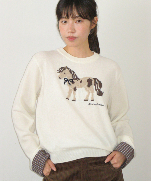 RONRON(ロンロン)の「PONY CHECK CUFFS KNIT PULLOVER CREAM(ニット/セーター・レディース・その他・FREE)」の2枚目の写真
