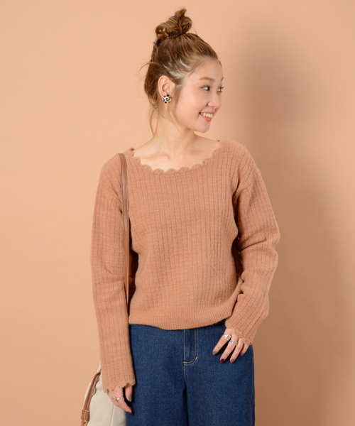 mystic（ミスティック）の「衿ぐりスカラップニット（ニット/セーター・レディース・オフホワイト/グレー/ベージュ/ブラック/レッド・ﾌﾘ-）」の4枚目の写真