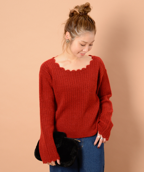 mystic（ミスティック）の「衿ぐりスカラップニット（ニット/セーター・レディース・オフホワイト/グレー/ベージュ/ブラック/レッド・ﾌﾘ-）」の5枚目の写真