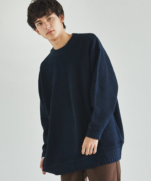 Rocky Monroe（ロッキーモンロー）の「ビッグシルエット畦編みクルーネックニット（ニット/セーター・メンズ・ネイビー/カーキ/ベージュ/オレンジ/ブルー/グレー/ホワイト/ブラック・L/M）」の7枚目の写真