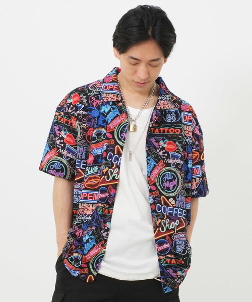 モード総柄オーバーサイズカオスペイントシャツバーガンディネオングリーン