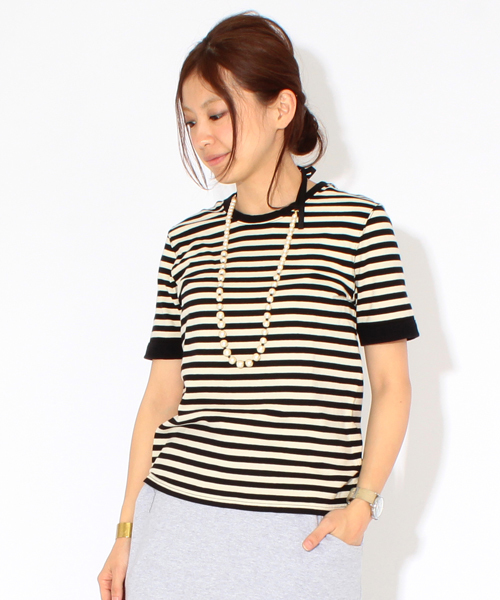 BEAMS BOY（ビームスボーイ）の「○BEAMS BOY / 1cm ボーダー Uネック ショートスリーブ **（Tシャツ/カットソー・レディース・グレー/ブラック/ネイビー・ONE SIZE）」の2枚目の写真