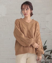 ゆったりVネックビッグケーブルニットトップス