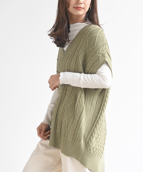 rps（アールピーエス）の「ケーブルＢＡＣＫスリットニットベスト（ベスト・レディース・ベージュ/ミント/ラベンダー/杢グレー・M）」の4枚目の写真