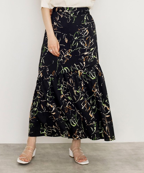 w closet(ダブルクローゼット)の「アシメ切替プリントロングスカート(スカート・レディース・グリーン/ブラック・FREE)」の2枚目の写真