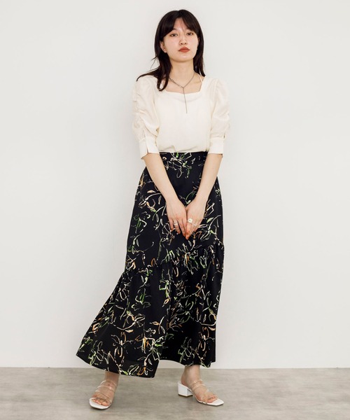 w closet(ダブルクローゼット)の「アシメ切替プリントロングスカート(スカート・レディース・グリーン/ブラック・FREE)」の3枚目の写真