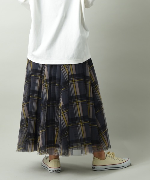 INTERPLANET（インタープラネット）の「チェック柄チュールスカート（スカート・レディース・ブラウン/ダークグレー・FREE）」の3枚目の写真