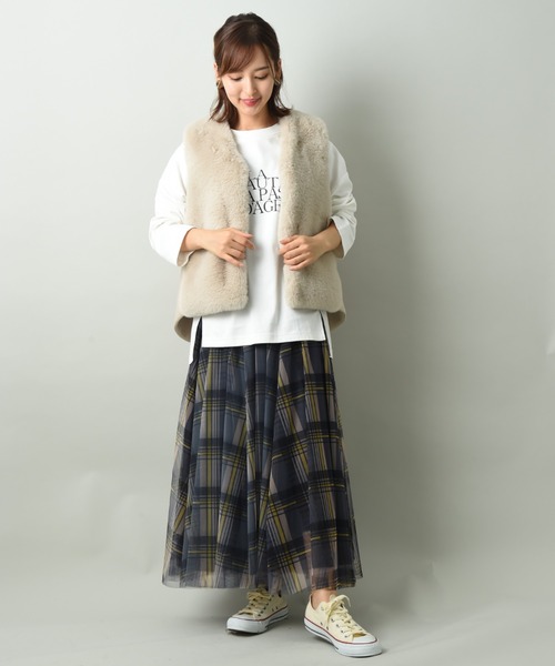 INTERPLANET（インタープラネット）の「チェック柄チュールスカート（スカート・レディース・ブラウン/ダークグレー・FREE）」の14枚目の写真