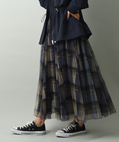 INTERPLANET（インタープラネット）の「チェック柄チュールスカート（スカート・レディース・ブラウン/ダークグレー・FREE）」の7枚目の写真