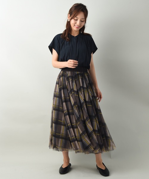 INTERPLANET（インタープラネット）の「チェック柄チュールスカート（スカート・レディース・ブラウン/ダークグレー・FREE）」の6枚目の写真