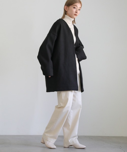 ノーカラーカットメルトンミドルコート（ノーカラーコート）｜select