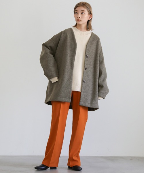ノーカラーカットメルトンミドルコート（ノーカラーコート）｜select