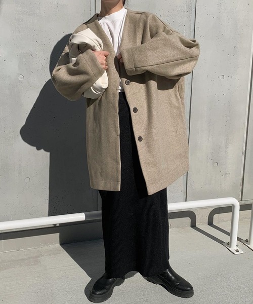 ノーカラーカットメルトンミドルコート（ノーカラーコート）｜select