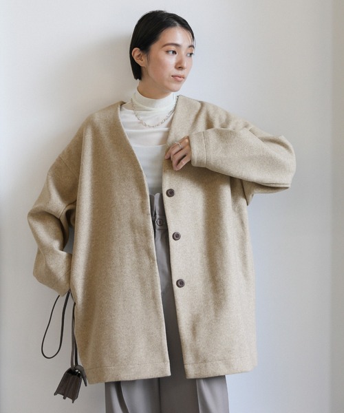 select MOCA（セレクトモカ）の「ノーカラーカットメルトンミドルコート（ノーカラーコート・レディース・ブラック/ベージュ/グレー・FREE）」の4枚目の写真