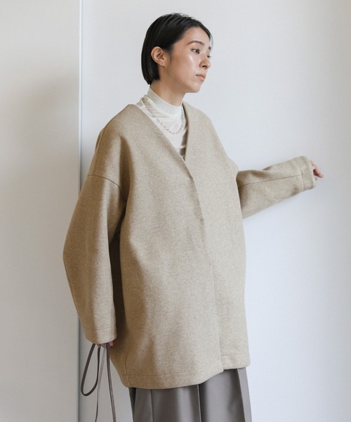 3点　sanca タイプライターコート　ノーカラーシャツ　メルトンカーディガン コート レディース 春秋 ジャケット ノーカラー カーディガン 秋