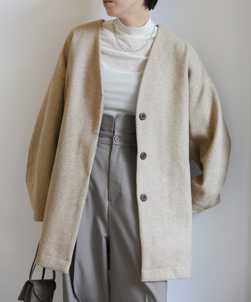 ノーカラーカットメルトンミドルコート（ノーカラーコート）｜select