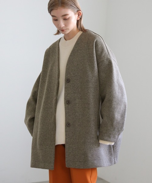 ノーカラーカットメルトンミドルコート（ノーカラーコート）｜select