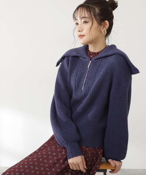 N.（N. Natural Beauty Basic）（エヌエヌナチュラルビューティーベーシック）の「◆ジップアップビックカラーニット（ニット/セーター・レディース・オフホワイト/ライトグリーン/ネイビー・MEDIUM）」の3枚目の写真