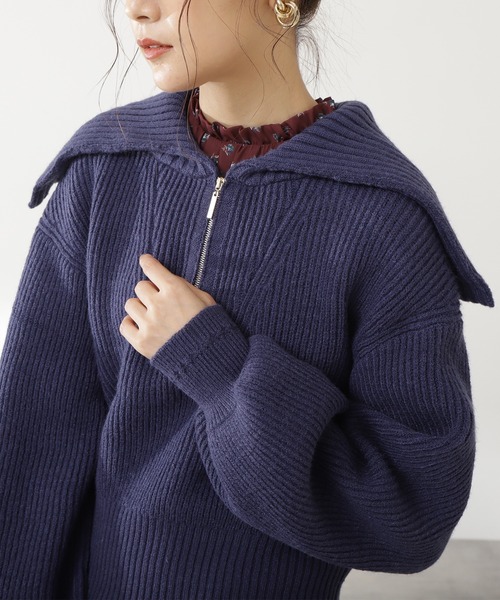 N.（N. Natural Beauty Basic）（エヌエヌナチュラルビューティーベーシック）の「◆ジップアップビックカラーニット（ニット/セーター・レディース・オフホワイト/ライトグリーン/ネイビー・MEDIUM）」の11枚目の写真