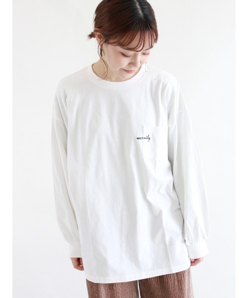 ehka sopo（エヘカソポ）の「無地／ボーダーポケット刺繍ロンT（Tシャツ/カットソー・レディース・ブラウン/オフホワイト/グリーン/キナリ・ﾌﾘ-）」の2枚目の写真